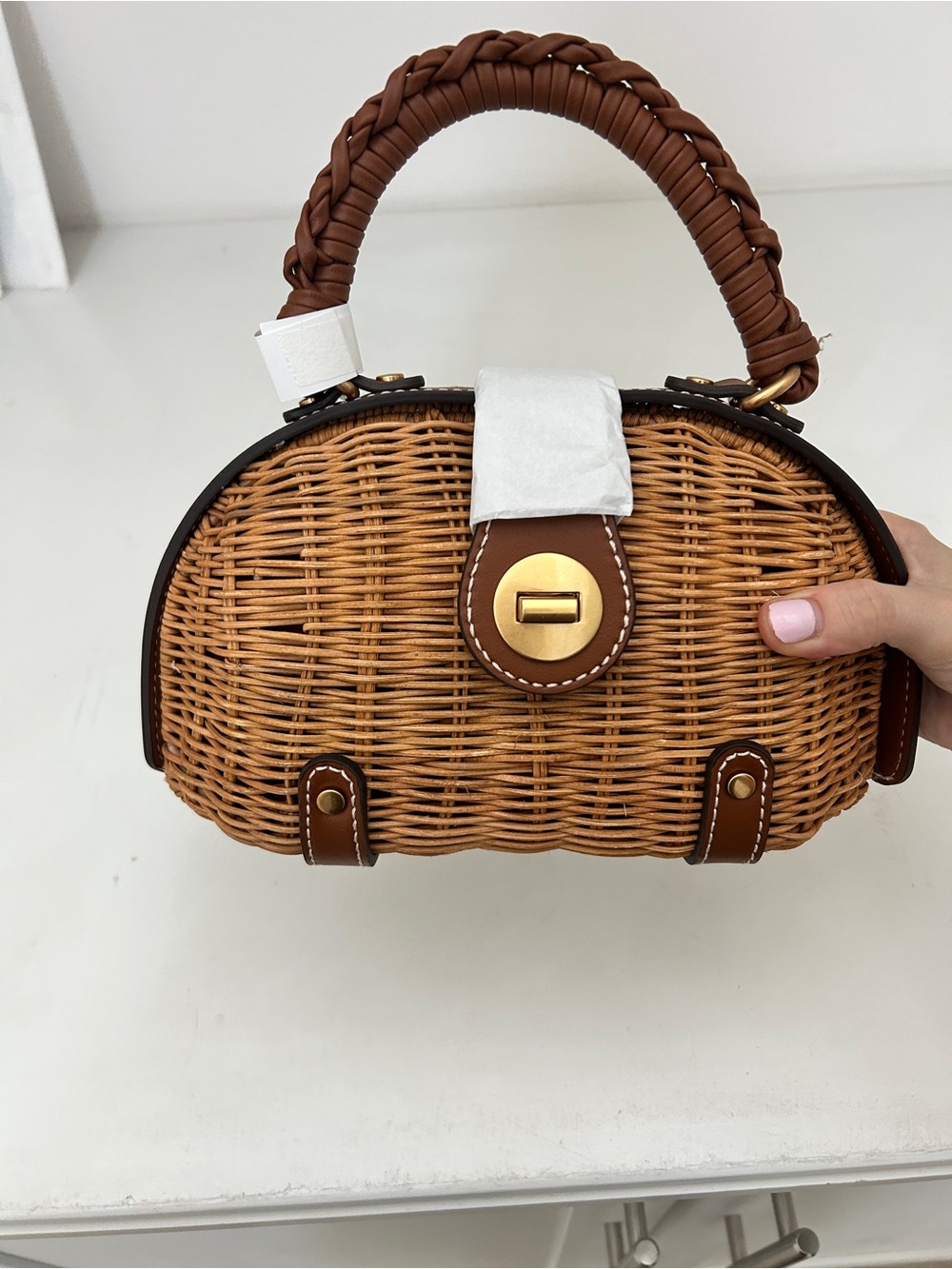 Zara Woven Rattan Top-Handle Bag with Brown Trim and Gold Hardware - Picture 2 of 5